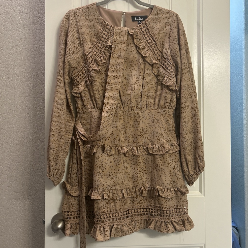 Lulu's Tan Long Sleeve Ruffle Dress